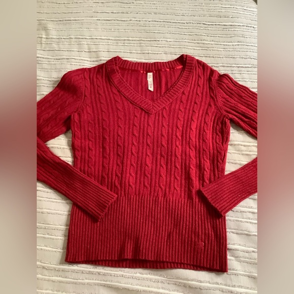 Lilu Angora Blend Deep Red V-Neck Cable Knit Sweater - Picture 1 of 7